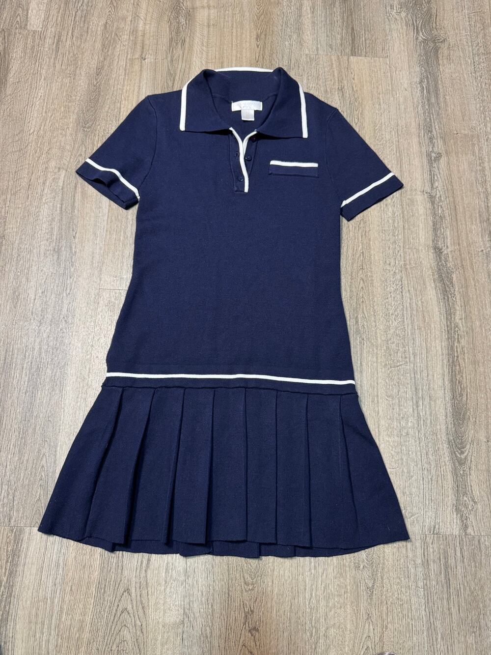 Caroline Constas Women's Navy Blue Pleated Dress with White Trim